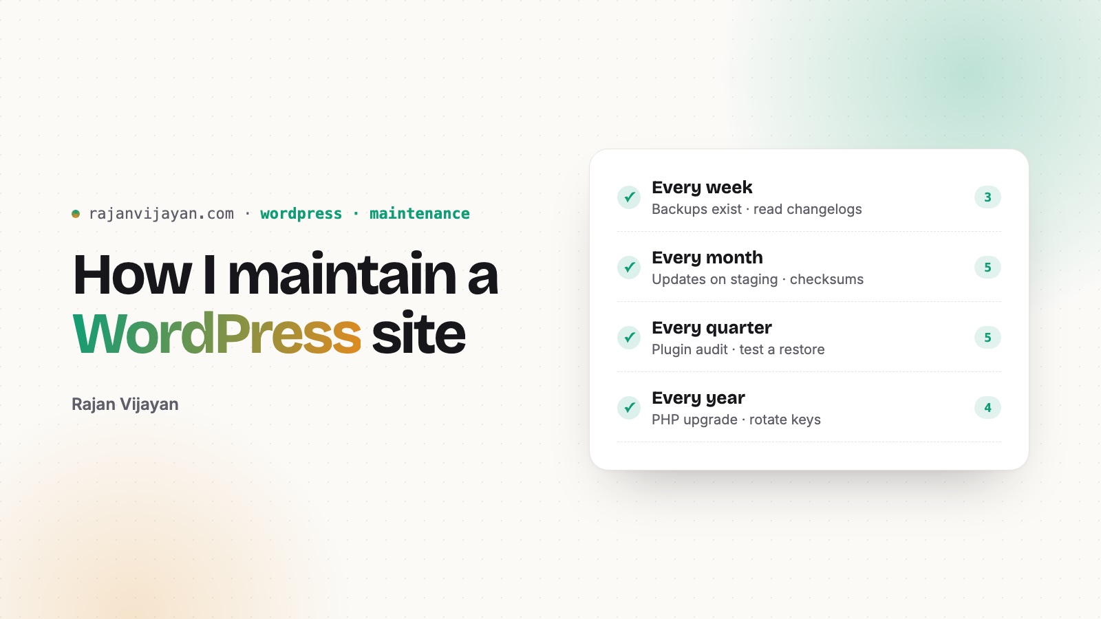 A maintenance checklist grouped into weekly, monthly, quarterly and yearly tasks
